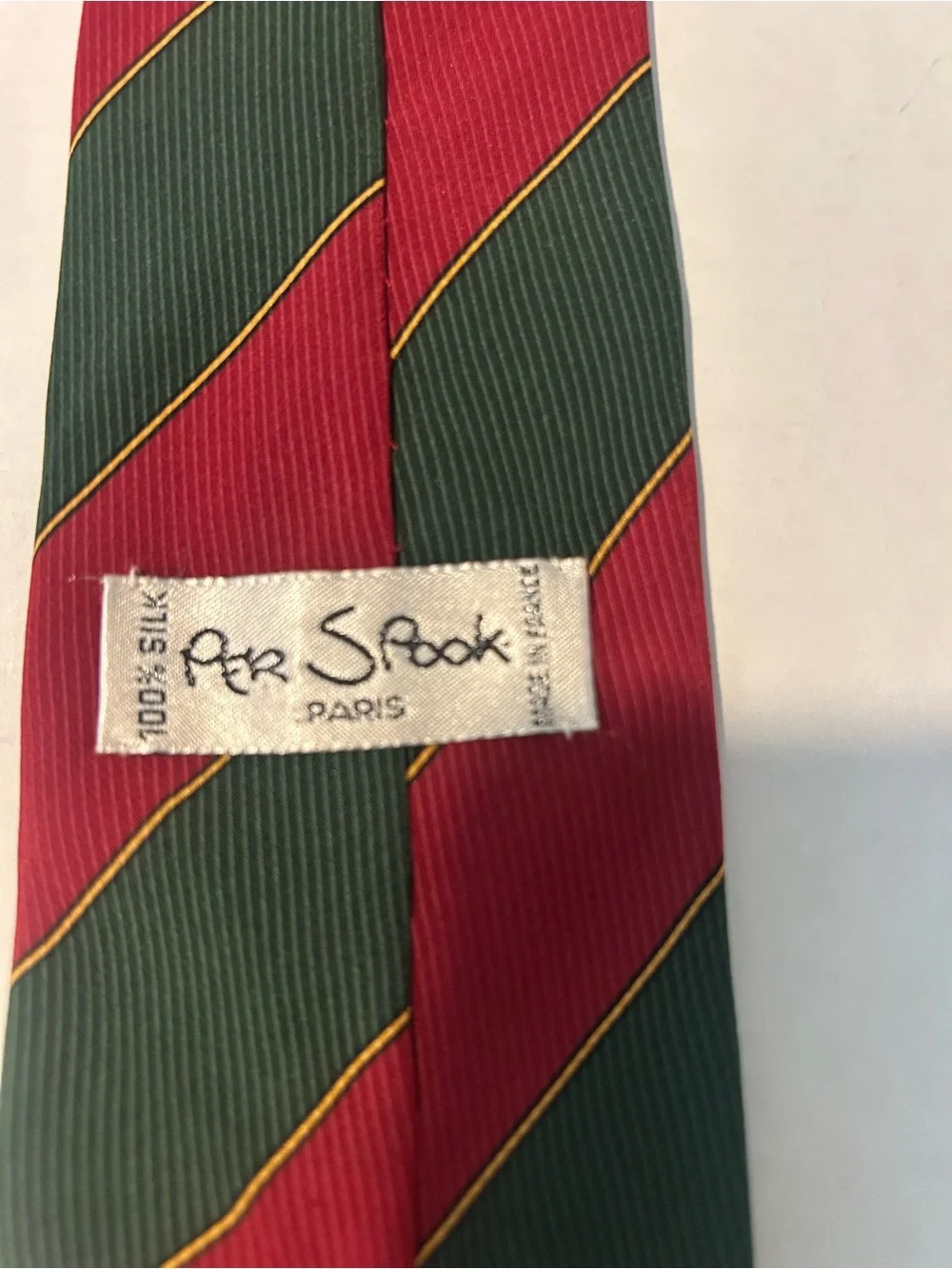 Per Spook Paris Vintage 100% Silk Tie Red Green Gold Striped Made in France